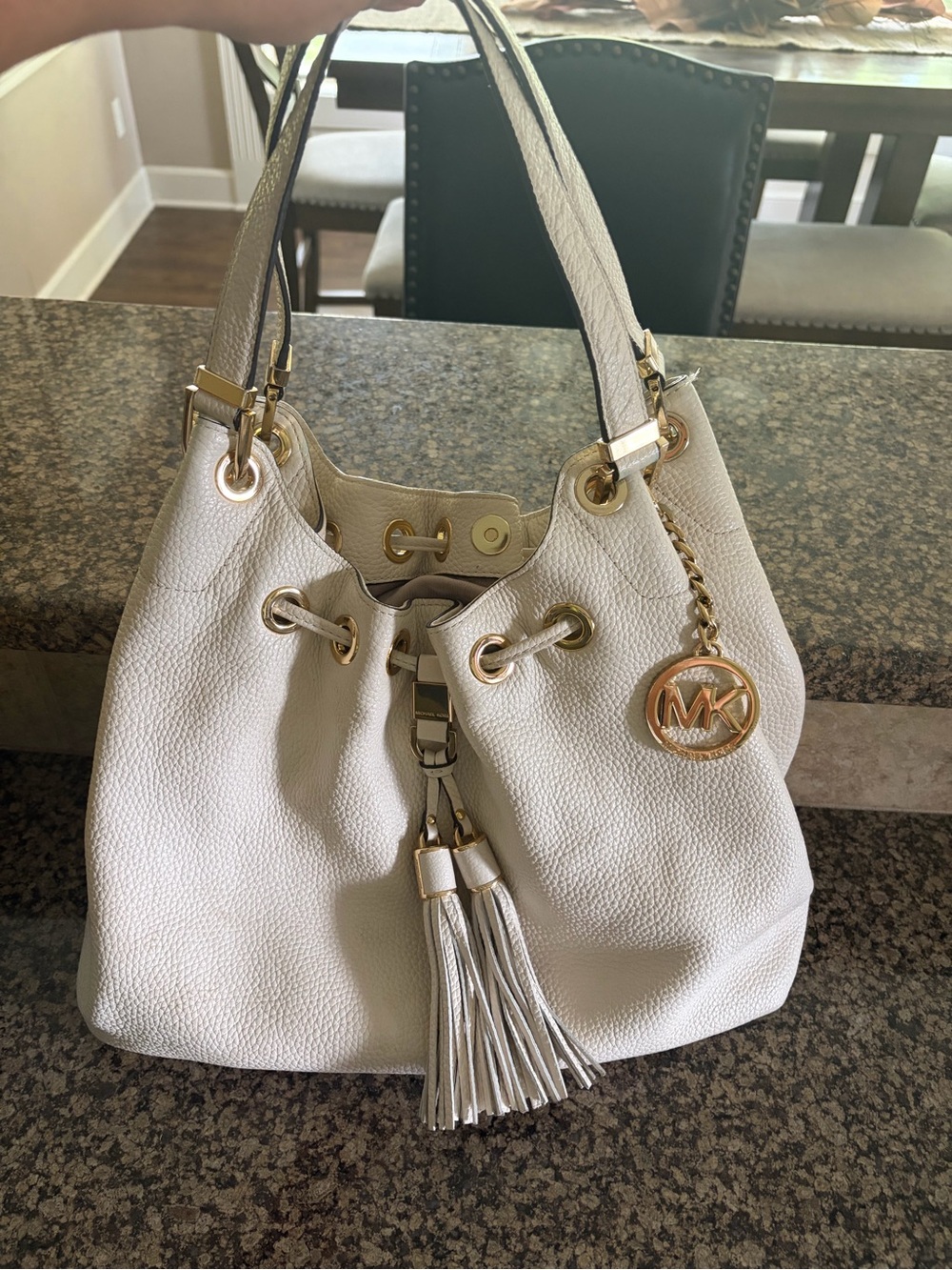 Michael Kors Cream Pebbled Leather Drawstring Shoulder Hobo with Tassel